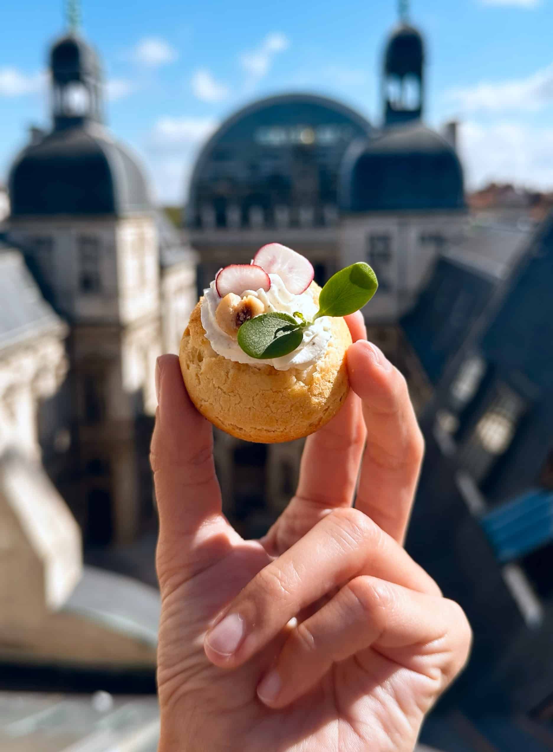 Chou salé à la cervelle de canut avec l’Opéra de Lyon en arrière-plan