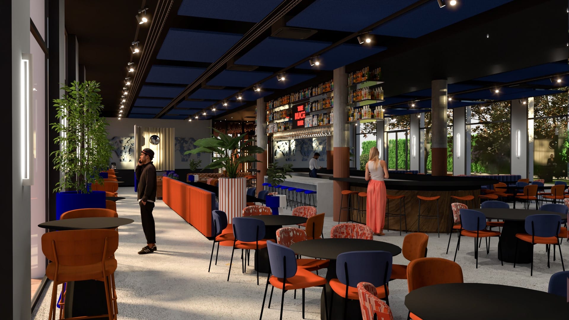 Découvrez l'espace bar et restauration mise en place au The Ruck Hotel Lyon pour profiter sur place lors de vos séminaires
