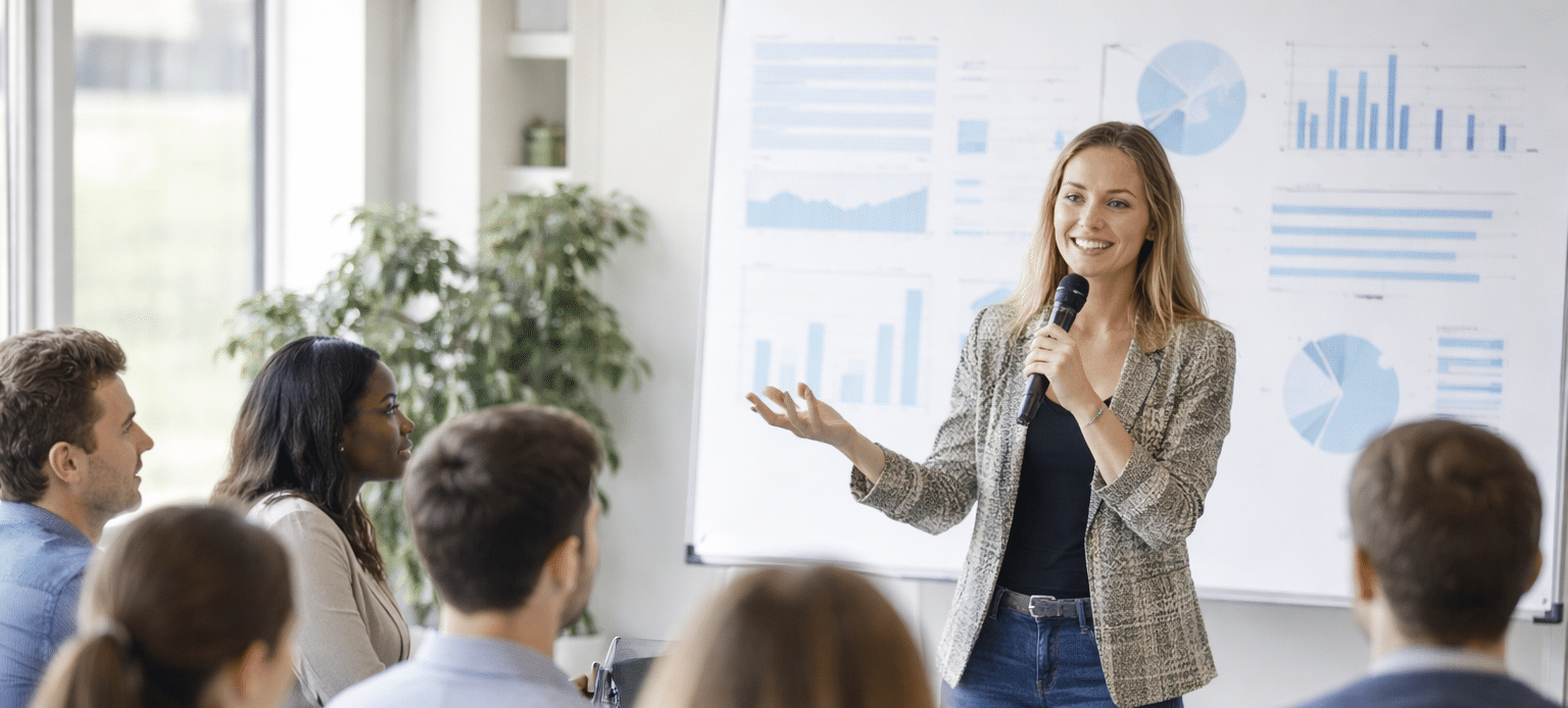 Intervention d’une conférencière lors d’un séminaire d’entreprise favorisant l’échange et la participation des équipes.