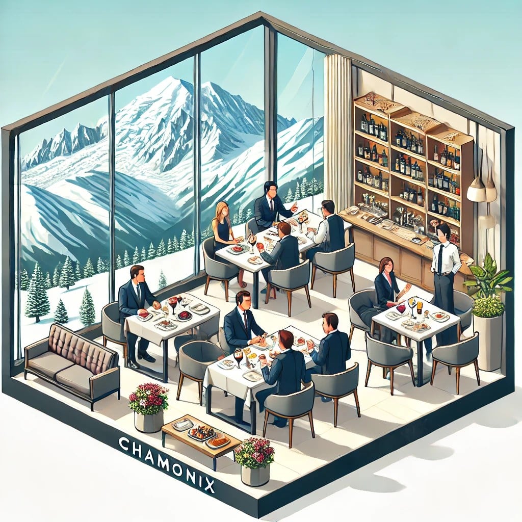 Représentation d'u déjeuner d'affaires dans un restaurant à Chamonix