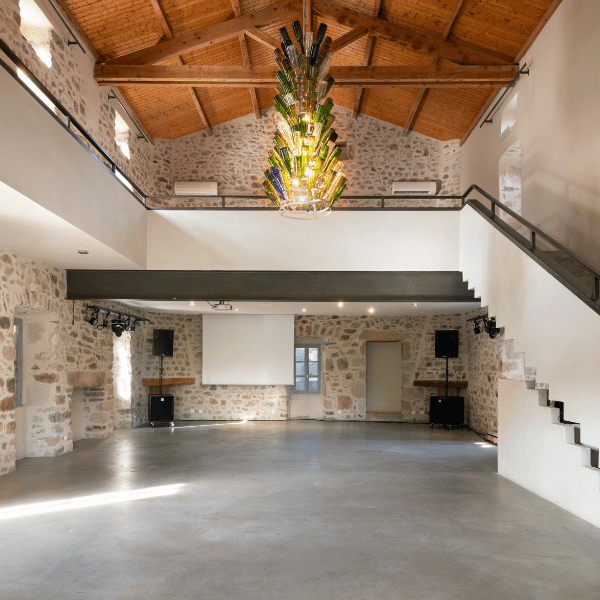 Grande salle en pierre avec charpente bois et lustre central