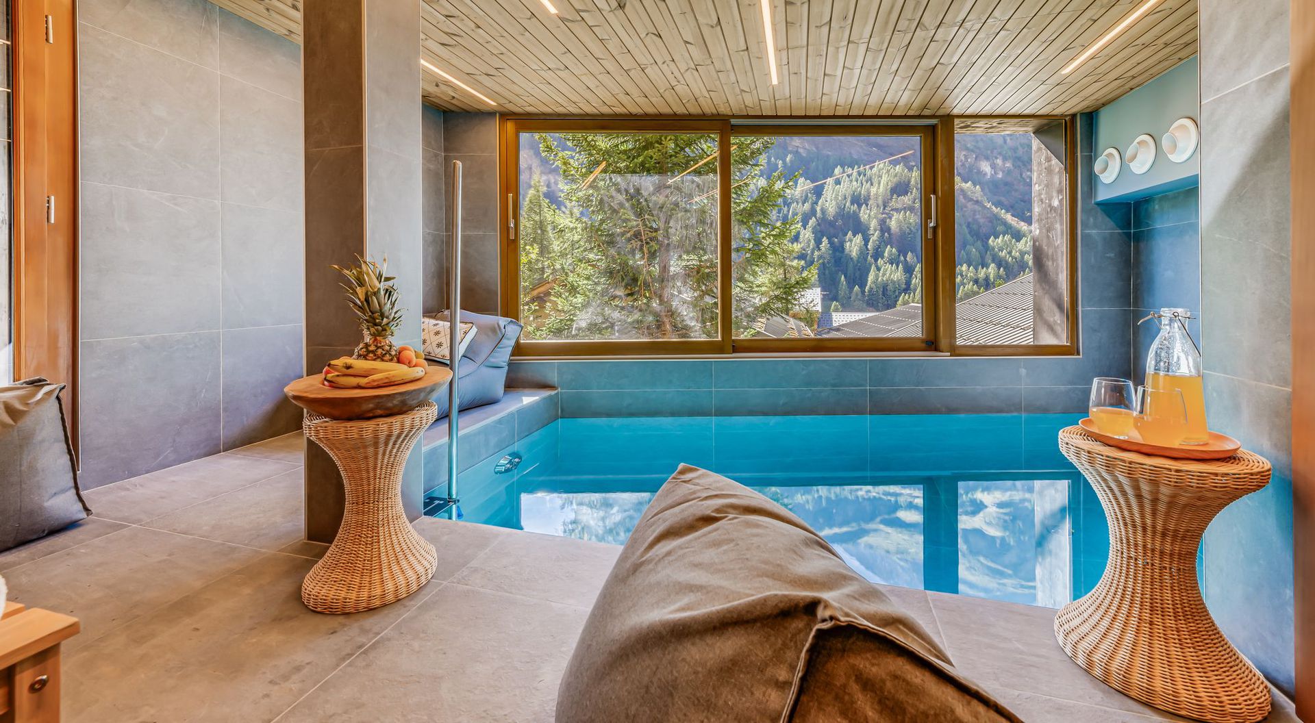 Espace spa et coin détente avec piscine intérieure chauffée aux Sources de la Davie