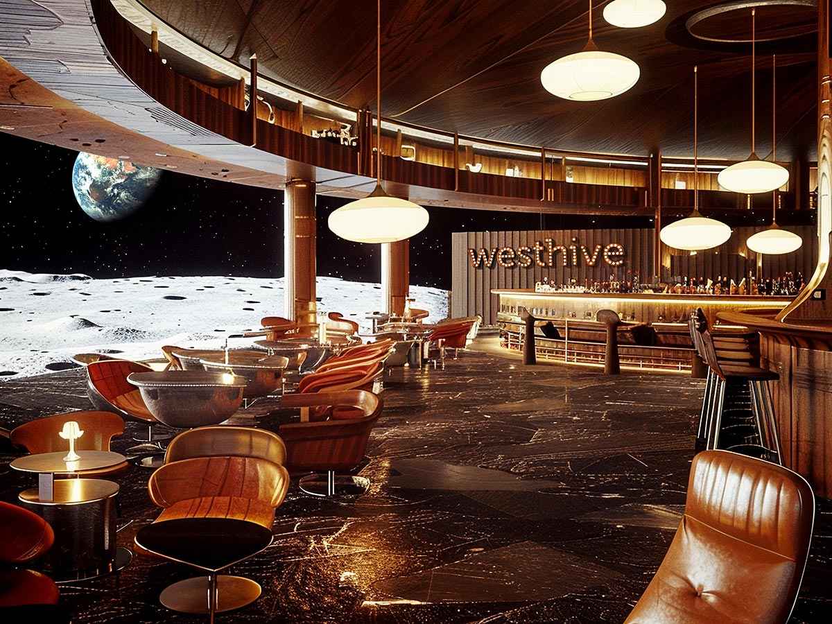 Bar design Luna One chez Westhive Basel avec vue spatiale fictive